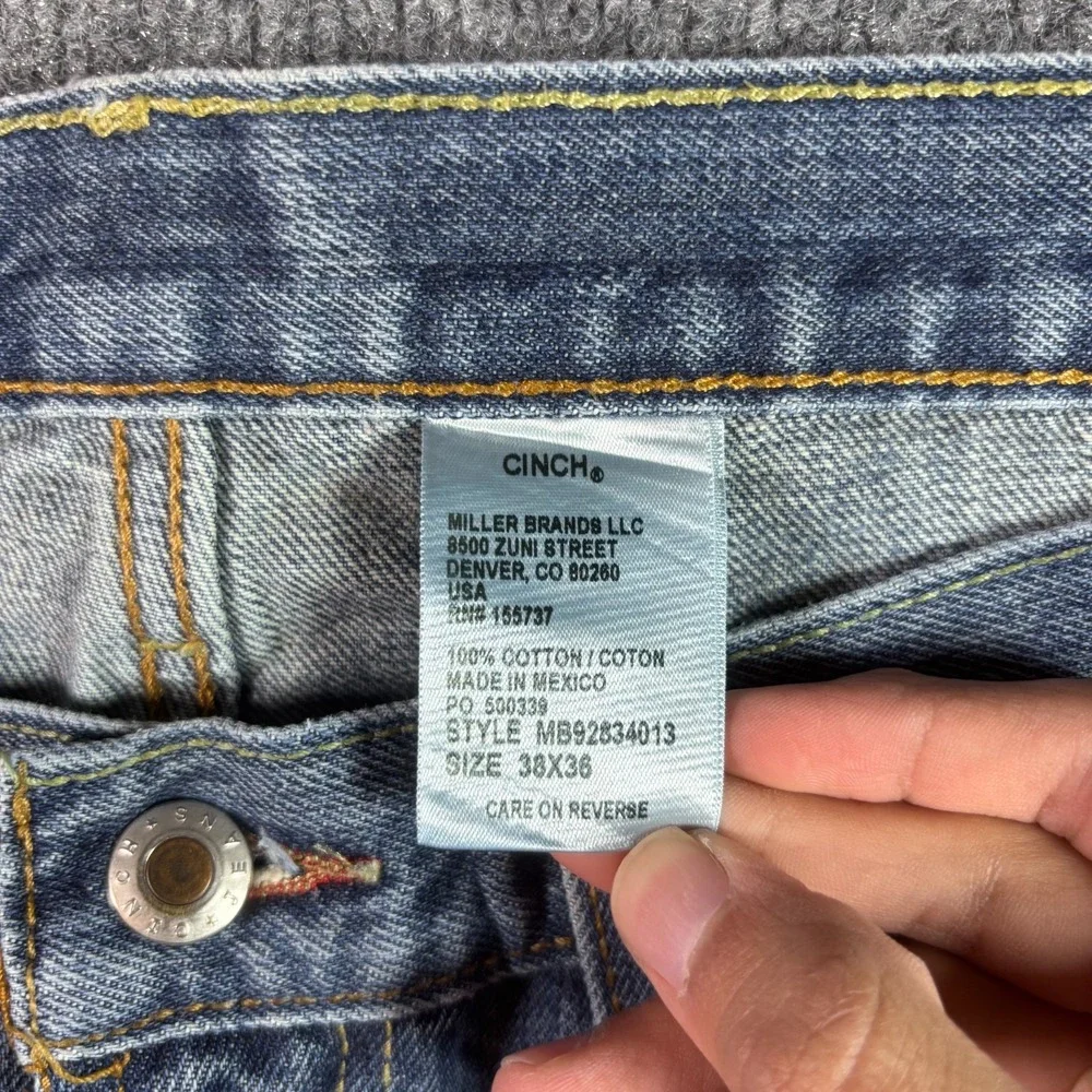 Cinch White Label 013 Jeans Men's 38x36 Blue Denim Straight Relaxed-Fit Faded